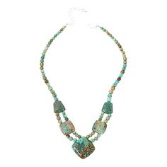 Jay King Multicolor Sacred Cloud Mountain Turquoise 18" Necklace  This bold, multicolored turquoise necklace design features stones from a small mining operation in Northwestern China. Its unique color patterns give this exquisite, handcrafted piece a chic, organic look that's sure to set you apart from the crowd! From Jay King.       Approx. 18"L x 1-7/16"W with 2-3/4" extender     Drop approx. 1"L x 1"W     Stamped .925     Hook closure     Turquoise drape has three cushion-shaped and two bell-shaped stone stations      Stations connected by two rows of nugget-shaped beads     Single strand of nugget-shaped beads complete necklace   Stone Information       All sizes and weights approximate     Stabilized Multicolor Sacred Cloud Mountain Turquoise - Cushion (21x21mm to 30x30mm), freeform Turquoise Cushions, Jewelry King, Chalcedony Necklace, Chalcedony Stone, Turquoise Bead Necklaces, Color Bands, Necklace Display, Chic Jewelry, Handcrafted Necklace