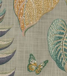 a green and yellow wallpaper with leaf designs on the back ground, two butterflies flying in front of them