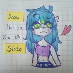 a drawing of a girl with blue hair and green eyes