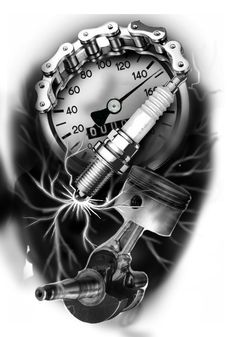 a black and white photo of a speedometer with flames around it's face