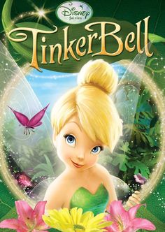 the tinker bell movie poster is shown in front of a green background with flowers and butterflies