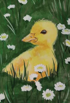 a painting of a duckling in the grass surrounded by daisies