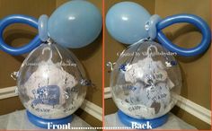 two pictures of balloons in a glass vase with writing on it, and the same balloon attached