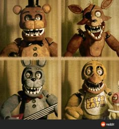 four pictures of five creepy looking stuffed animals