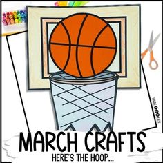 an image of a basketball in a basket with scissors and crayons around it