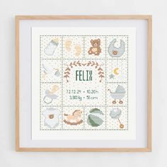 a cross stitch pattern with the words felix and baby's birth pictures