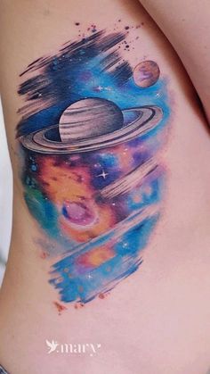 a woman's stomach with an image of saturn and the planets on it, painted in watercolor