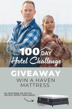 a man and woman standing next to each other with the words 100 day hotel challenge giveaway