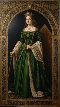 a painting of a woman in green dress and gold trimmings with a cane