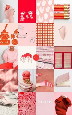 a collage of pink, red and white images