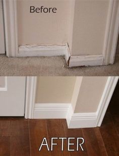 the before and after pictures of an interior door with wood flooring in front of it