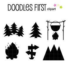 the silhouettes of trees and campfires are shown in black on a white background