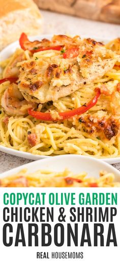 chicken and shrimp carbonara with text overlay that reads copycat olive garden chicken & shrimp carbonara