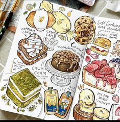 an open book with food illustrations on the pages and in front of it is a drawing of different desserts