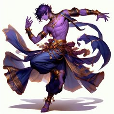 an image of a man with purple hair and blue skin wearing gold jewelry, holding his arms out