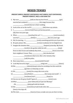 a printable worksheet for mixed tenses with the words and phrases below