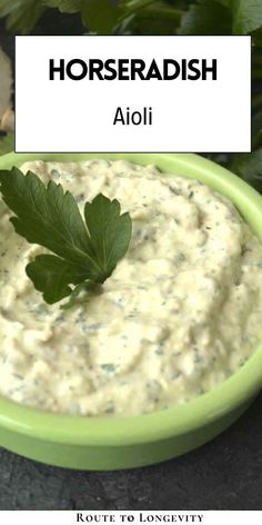 horseradish dip in a green bowl with a leaf on top and text overlay that reads, horseradish aioli