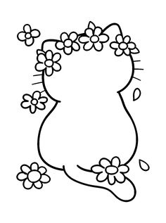 a black and white drawing of a cat with flowers in its hair