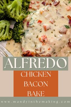 a plate with broccoli, chicken and bacon bacoon bake on it