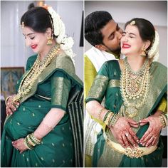 a couple dressed in green and gold posing for the camera with their arms around each other