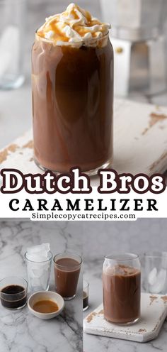 two shots of dutch bros caramel latte on a marble table