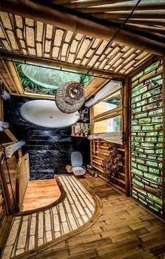 bamboo house bathroom interiors Bamboo House Bali, Bamboo Houses, Floating Breakfast, Outdoor Jacuzzi, Bali Accommodation, Visit Bali, Bali Garden, Aesthetic Interior Design, Princess Mermaid