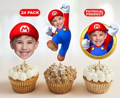 three cupcakes with the faces of mario and luigi are shown in front of each other