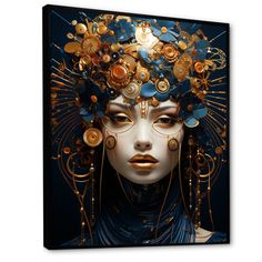 a woman's face with gold and blue decorations on her head canvas wall art print