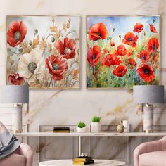 there are two paintings on the wall in this living room, one is red and the other is white