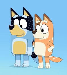 two cartoon dogs standing next to each other on a blue background with one dog holding the other