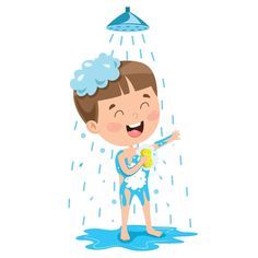 a young boy is playing in the shower