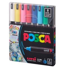 pack of 8 uni - colored posca pens in display box with assorted colors