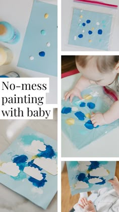 Multiple pictures of baby painting Infant Easy Crafts, Arts And Crafts 9 Month Old, Sensory Crafts For Infants, Mess Free Infant Art, Crafts For 5 Month Old, April Activities For Babies, 4 Month Old Arts And Crafts, Science And Sensory For Infants, 5 Month Old Crafts