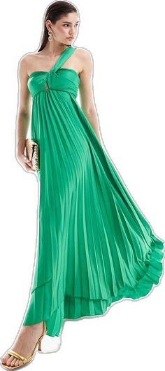 Green One-shoulder Floor-length Evening Dress, Green One Shoulder Floor-length Evening Dress, Formal Pleated Draped Maxi Dress, Formal Green Maxi Dress With Pleated Back, Cocktail Maxi Dress With Folds, Maxi Length Cocktail Dress With Folds, Green Pleated A-line Maxi Dress, Pleated Draped Maxi Dress For Formal Occasions, Elegant Green Maxi Dress With Pleated Back