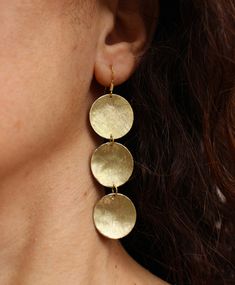 "Suitable for a formal occasion, but also easily worn with a plain summer dress, these ancient greek style earrings will give a glamorous look to your outfit! I designed, hand-shaped and hand-textured them! Their drop lengthis about 6.5cm. Hook is gold plated bronze. Don't forget to check out my matching bracelet: https://www.samsabyelena.com/listing/592636985/disc-bracelet-bronze-disc-bracelet Please like and share! *IMPORTANT: All of my jewelry is handcrafted so please expect some variations f Earrings Formal Dress, Greek Earrings, Ancient Greek Jewelry, Earrings Bronze, March Birthstone Necklace, Greek Jewelry, Greek Style, Disc Earrings, Brass Jewelry