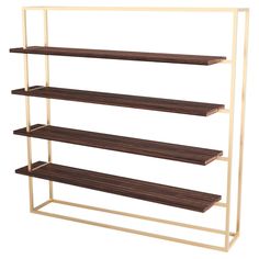 three tiered shelving unit with brass frame and walnut wood shelves, isolated against a white background