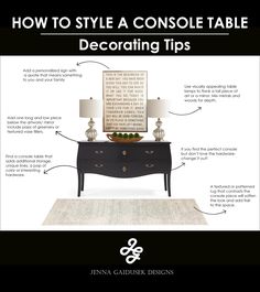 a black table with white lamps on it and the words how to style a console table decor tips