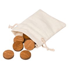 wooden buttons in a bag on a white background