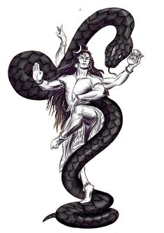 a black and white drawing of a woman holding a snake