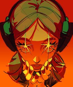 a digital painting of a woman with headphones on