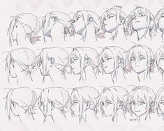 an anime character's head with different expressions and hair styles, all drawn by hand