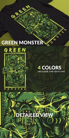 the green monster t - shirt design is shown in three different colors, including black and yellow