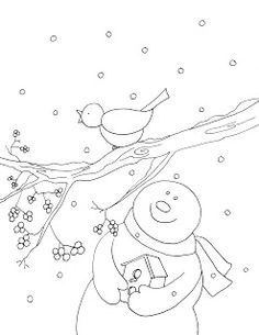 a snowman and bird sitting on a branch in the snow coloring page for kids