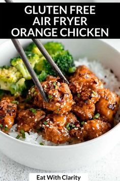 a white bowl filled with orange chicken and broccoli