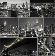 black and white cityscape with yellow lights in new york, ny at night