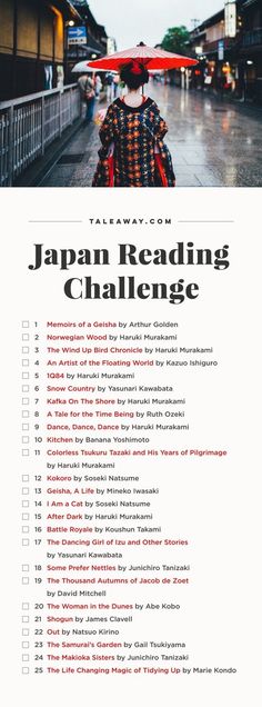 the japan reading challenge is shown with an image of a person walking in the rain