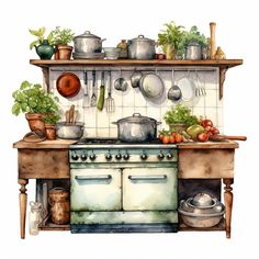 a watercolor painting of pots and pans on a shelf above an oven with cooking utensils