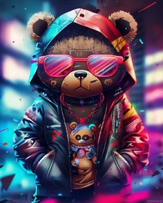 a teddy bear wearing sunglasses and a jacket