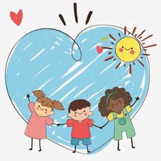 three children holding hands in front of a heart with the sun and clouds above them