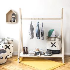 a shelf with shoes and other items on it